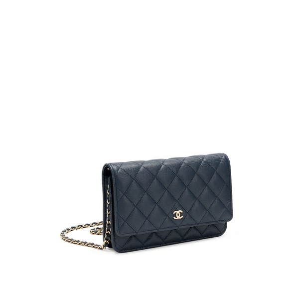 Chanel Navy Quilted Grained Calfskin Wallet On Chain Gold Hardware (Rare Color) - Picture 2 of 3